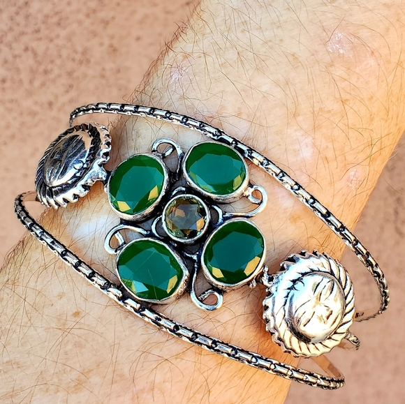 New Emerald & Citrine 925 Silver Sun Cuff Bracelet. - Picture 6 of 15